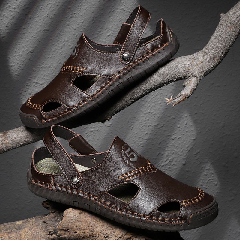Män Kohud Läder Andas Handsömmar Mjuk Botten Utomhus Casual Sandaler