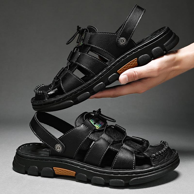 Män Kohud Läder Mjuk Sula Tvåvägs Halkfri Elastiska Snören Trendiga Casual Sandaler