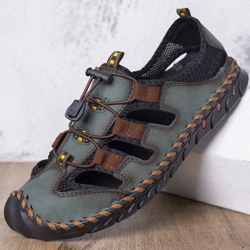 Män Läder Mesh Splicing Non Slip Casual Hand Stitching Sandaler