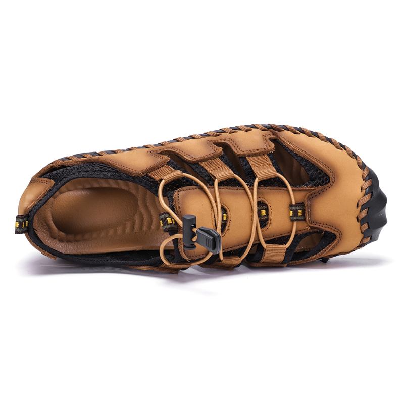 Män Läder Mesh Splicing Non Slip Casual Hand Stitching Sandaler