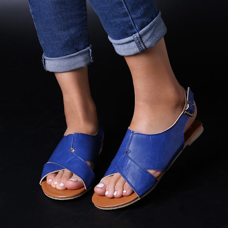 Wome Beach Peep Toe Cross Spänne Flats Sandaler