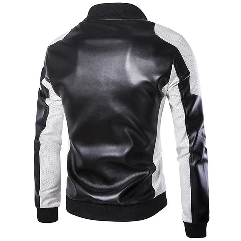 Herr Pu Läder Mode Svart Vit Sömmar Motorcykel Biker Jacka Baseball Krage Coat