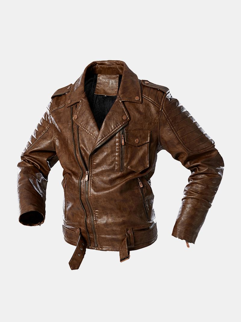 Man Pocket Lapel Zip-up Sashes Pu-läderjackor