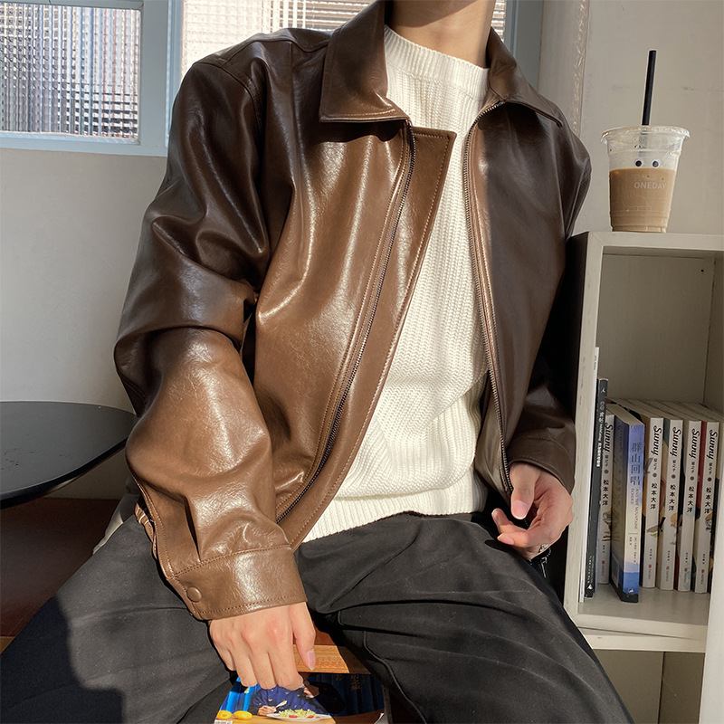 Retro Lös Kort Skinnjacka För Unga Män