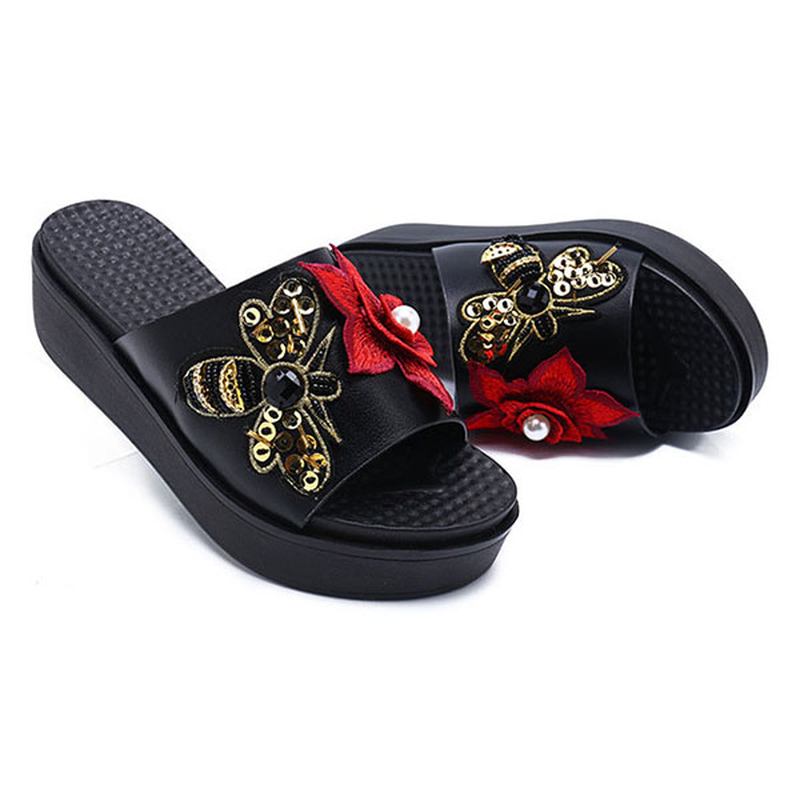 Dam Sommarsandaler Slip On Soft Sole Blommor Brodery Tofflor