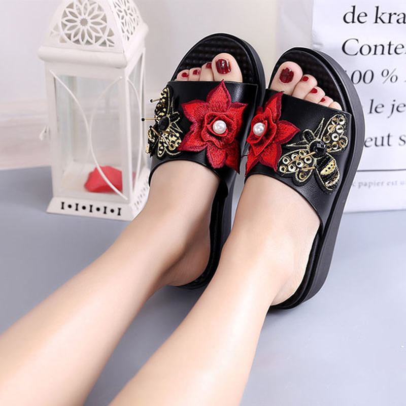 Dam Sommarsandaler Slip On Soft Sole Blommor Brodery Tofflor