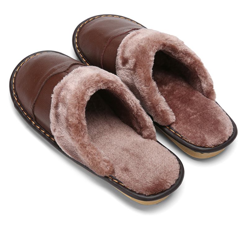 För Män Första Lager Kohud Halkfri Varma Rund Tå Slip-on Bomullstofflor