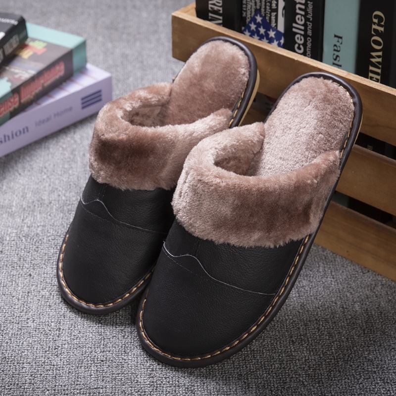 För Män Första Lager Kohud Halkfri Varma Rund Tå Slip-on Bomullstofflor