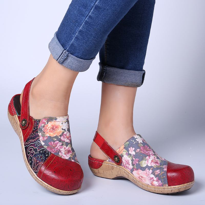 Kvinnor Super Bloom Blommor Splicing Retro Mönster Stitching Slip On Flats