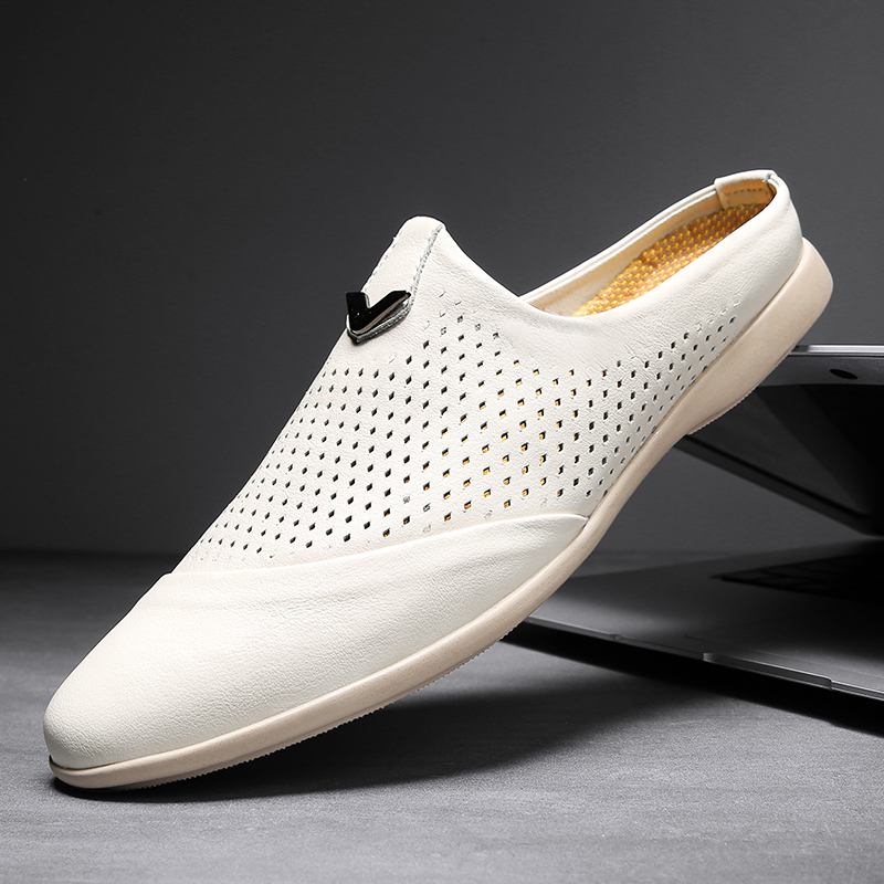 Män Kohud Läder Ihålig Mjuk Sula Slingback Halkfri Stängd Tå Casual Tofflor