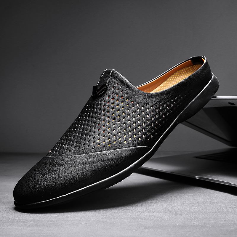 Män Kohud Läder Ihålig Mjuk Sula Slingback Halkfri Stängd Tå Casual Tofflor