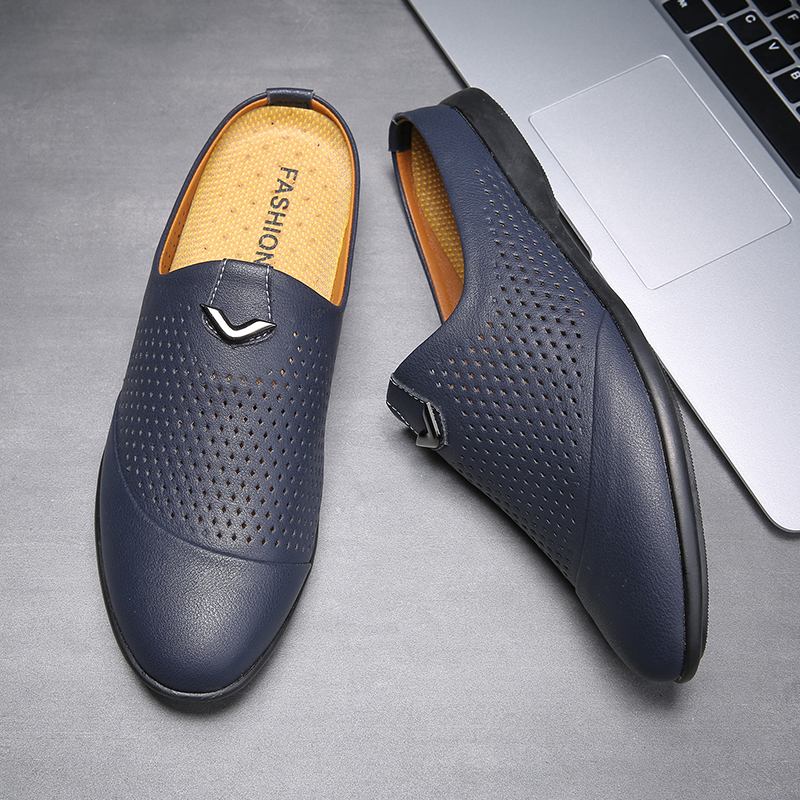 Män Kohud Läder Ihålig Mjuk Sula Slingback Halkfri Stängd Tå Casual Tofflor