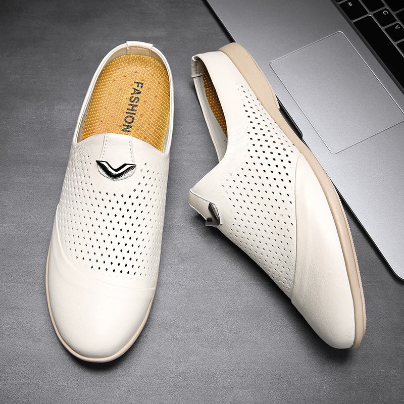 Män Kohud Läder Ihålig Mjuk Sula Slingback Halkfri Stängd Tå Casual Tofflor