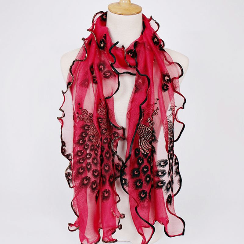 190 cm Kvinnor Peacock Mönster Spets Scarves Sjal Casual Rese Mjuk Scarf