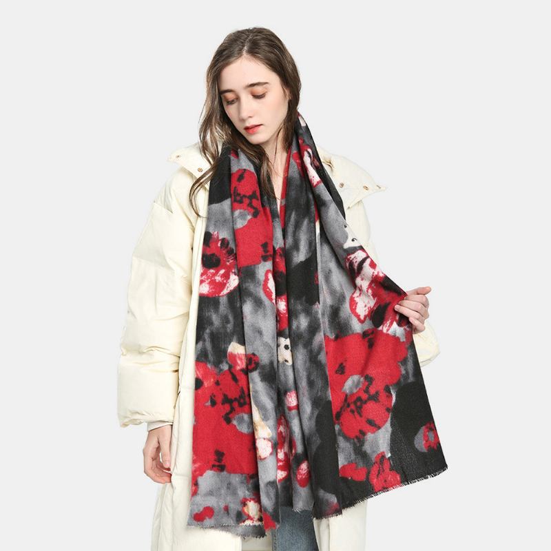 Dam Retro Blommor Tie-dye Med Tryck Sjal Mode Konstgjord Cashmere Dubbel Användning Tjocka Värme Tofs Halsduk