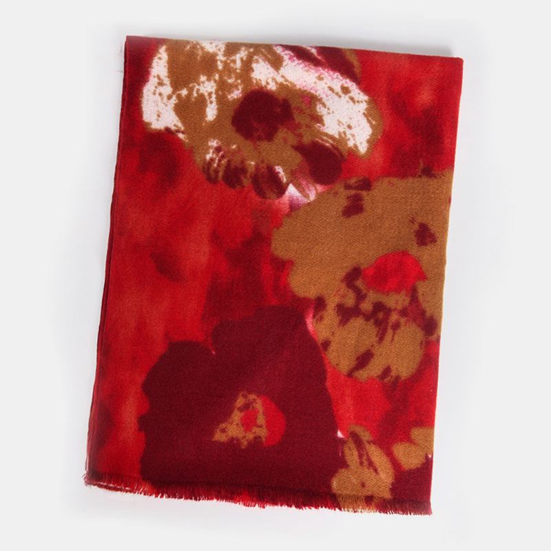 Dam Retro Blommor Tie-dye Med Tryck Sjal Mode Konstgjord Cashmere Dubbel Användning Tjocka Värme Tofs Halsduk