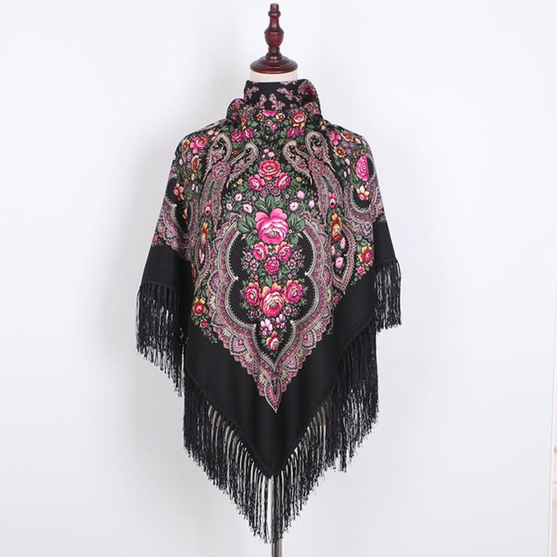 Etnisk Kypert Bomull Fransar Fyrkantig Halsduk Retro Sjal Tryck Scarf