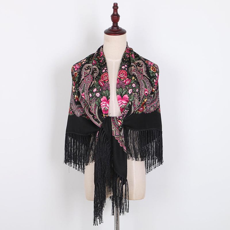 Etnisk Kypert Bomull Fransar Fyrkantig Halsduk Retro Sjal Tryck Scarf