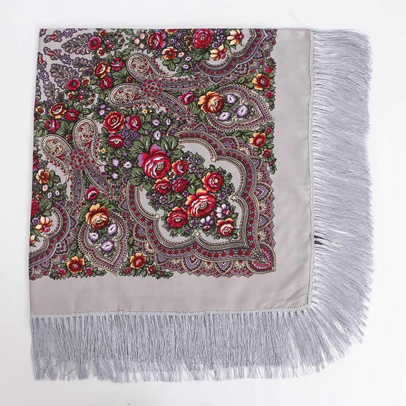 Etnisk Kypert Bomull Fransar Fyrkantig Halsduk Retro Sjal Tryck Scarf