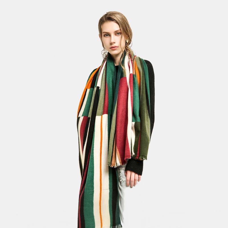 Kvinnor Färgglada Randiga Värme Nackskydd Sjal Dubbel Användning Cool-protect Vindtät Lång Tofs Scarf