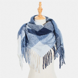 Kvinnor Tie-dyed Kontrastfärg Rand Lattice Mönster Tofs Vinter Håll Värmen Multi-purpose Scarf Sjal