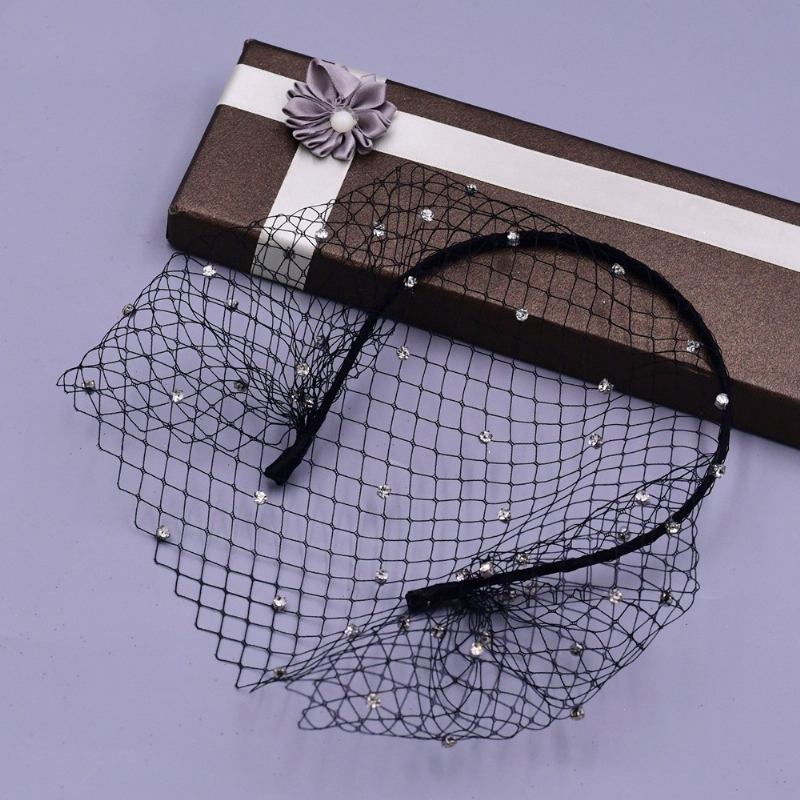 Rhinestone Veil Och Mesh Pannband Svart Och Vitt Brudhuvudbonader