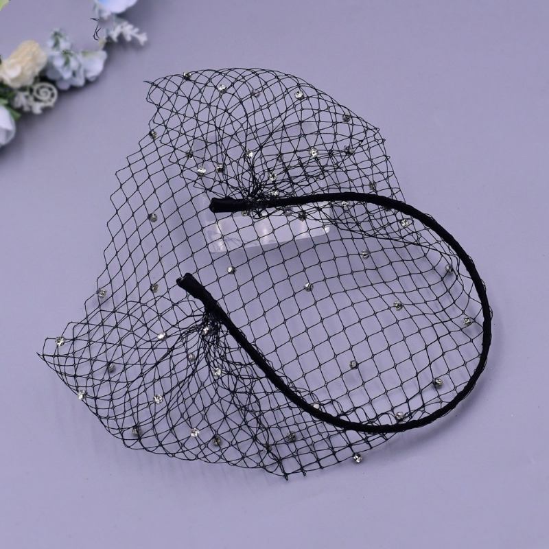 Rhinestone Veil Och Mesh Pannband Svart Och Vitt Brudhuvudbonader