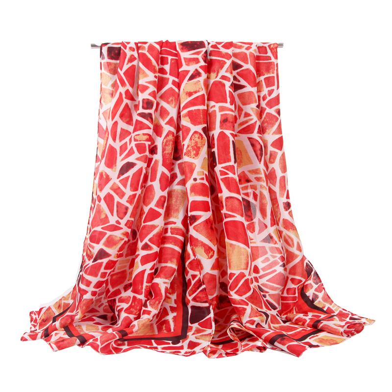 Tunn Sidenscarfsjal Ny Sidensatinfärgblocksömmar Geometriskt Tryckscarf