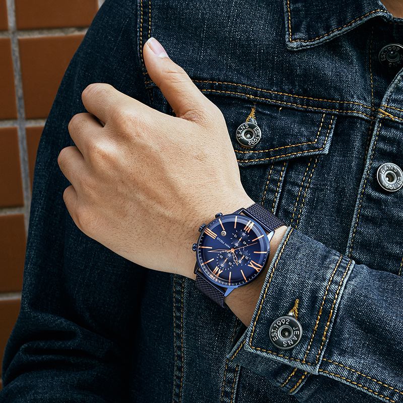 Business Chronograph Calendar Mesh Steel Quartz Watch Herrarmbandsur