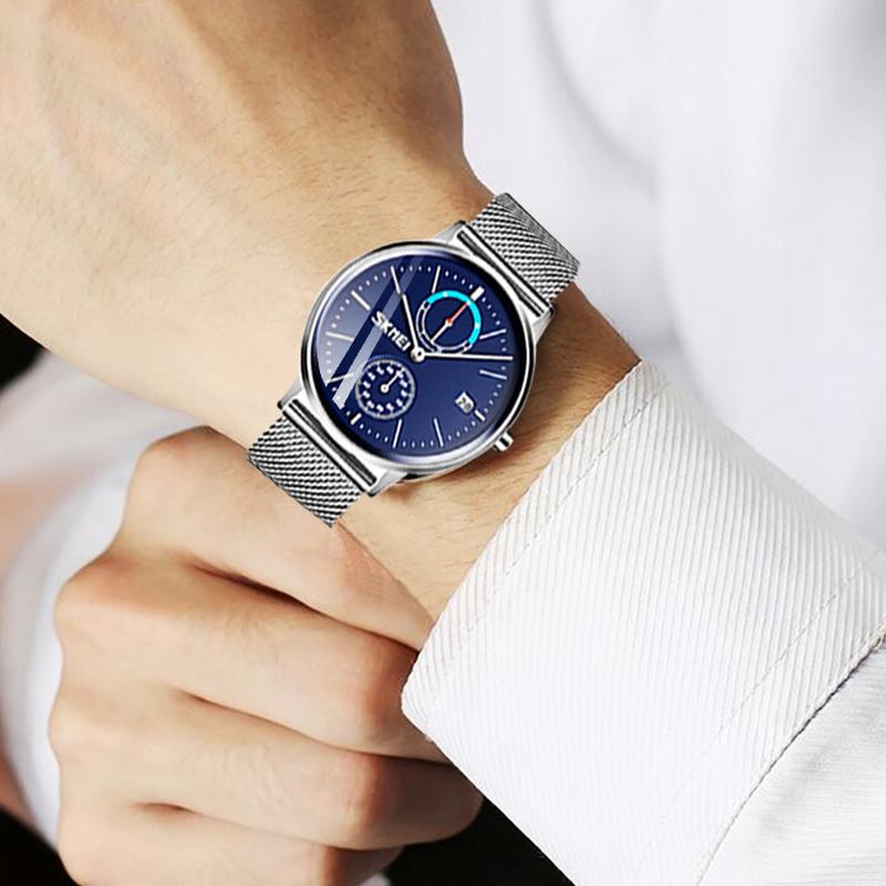 Business Style Circular Mirror Mesh Stålrem Vecka Datum Display Herrklocka Quartz Watch