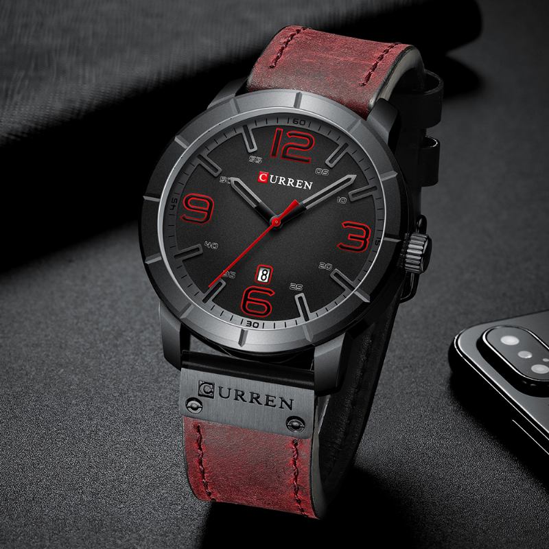 Casual Style Date Display Herr Armbandsur Läder Band Quartz Watch