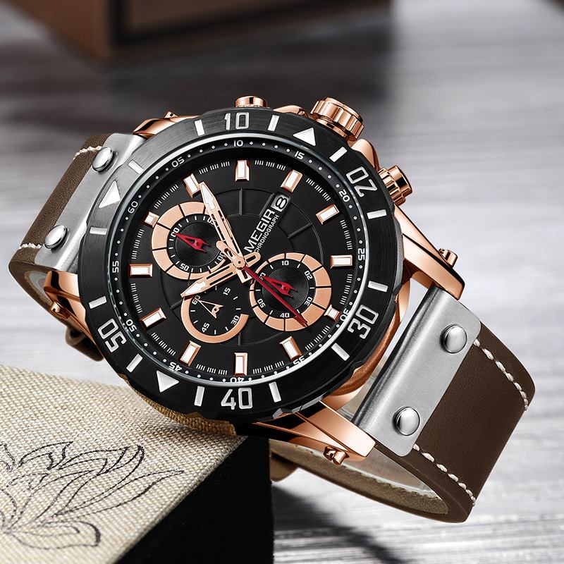 Chronograph Luminous Quartz Watch Vattentät Läder Timing Herrklocka