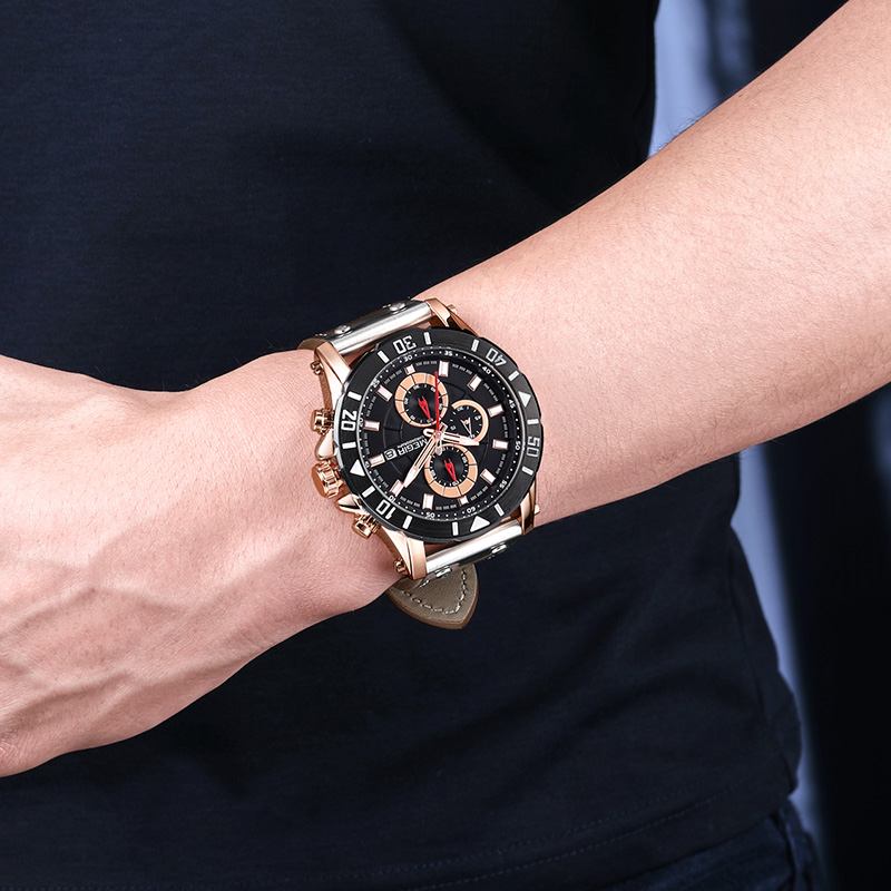 Chronograph Luminous Quartz Watch Vattentät Läder Timing Herrklocka