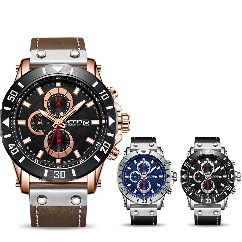 Chronograph Luminous Quartz Watch Vattentät Läder Timing Herrklocka