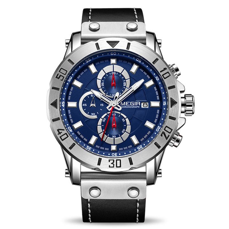 Chronograph Luminous Quartz Watch Vattentät Läder Timing Herrklocka