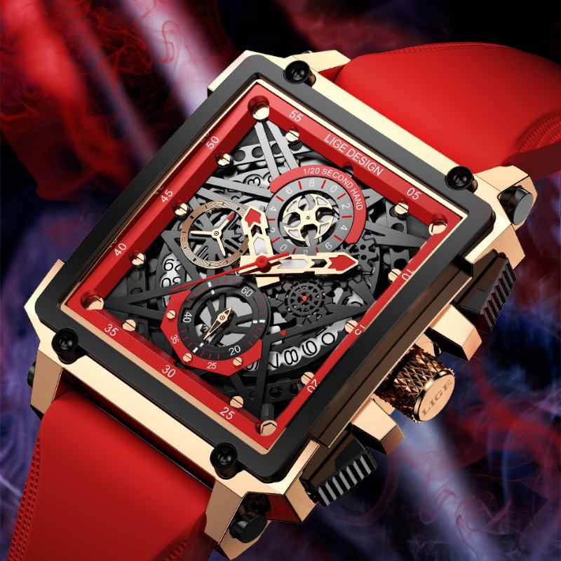 Creative Mekanisk Ihålig Yta Kronograf Kalender Silikonrem 3atm Vattentät Män Quartz Watch Armbandsur
