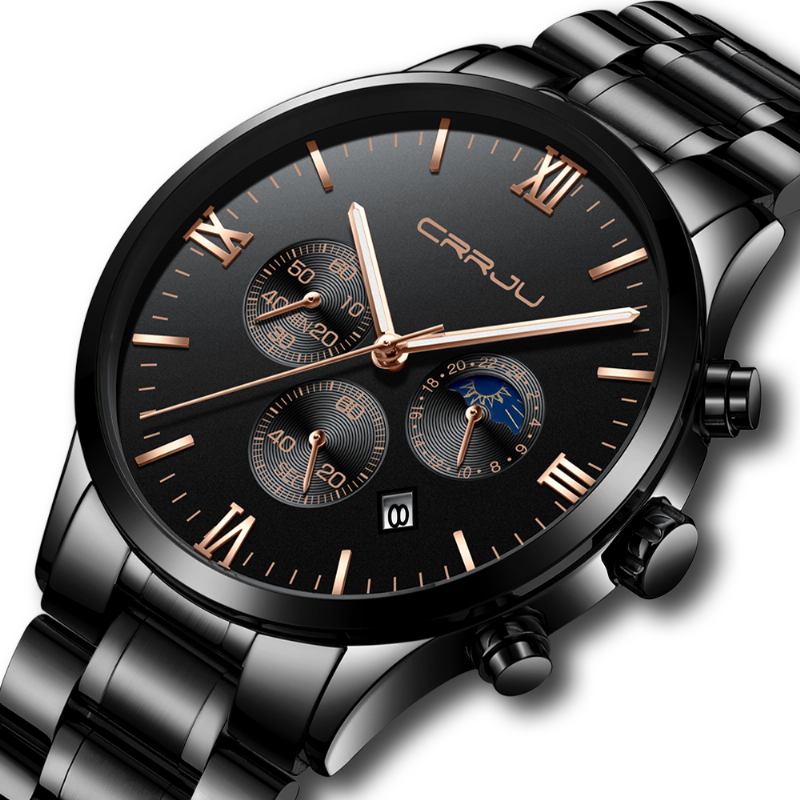 Creative Sun Moon Herr Business Style Chrono 316l Armband Quartz Watch I Rostfritt Stål