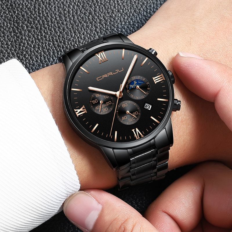 Creative Sun Moon Herr Business Style Chrono 316l Armband Quartz Watch I Rostfritt Stål