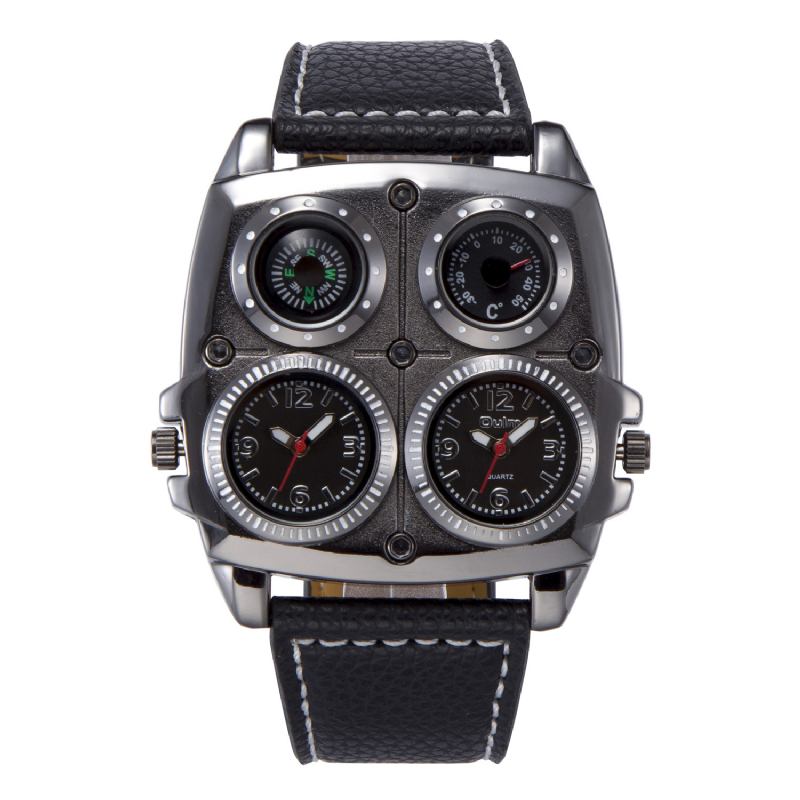 Dubbla Tidszoner Big Dial Herr Armbandsur Restro Style Läderband Creative Quartz Watch