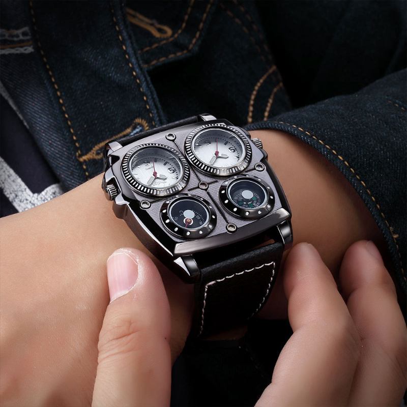 Dubbla Tidszoner Big Dial Herr Armbandsur Restro Style Läderband Creative Quartz Watch