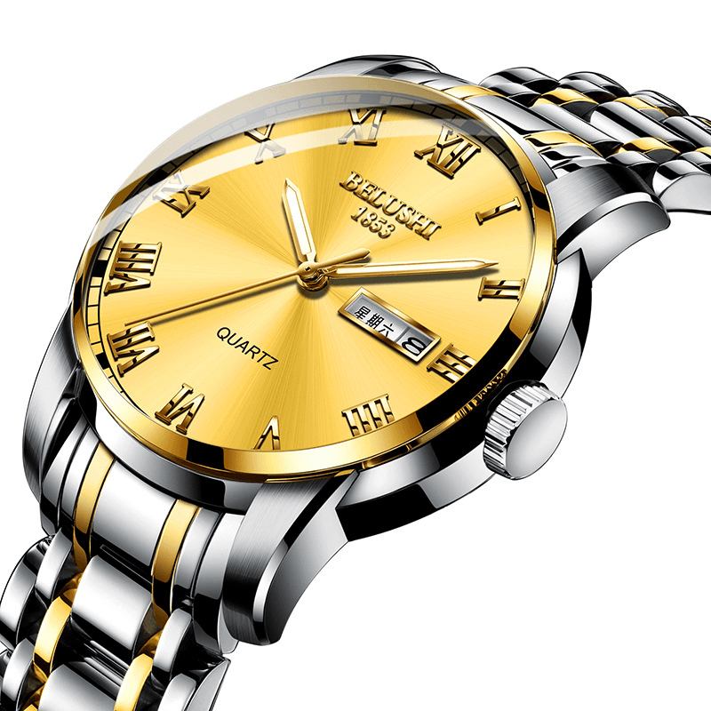 Helt Stålband Business Style Calendar Quartz Watch Vattentät Lysande Display Herrklocka