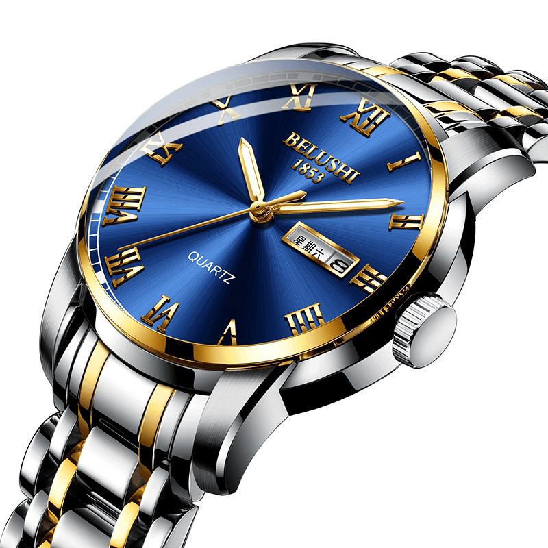 Helt Stålband Business Style Calendar Quartz Watch Vattentät Lysande Display Herrklocka