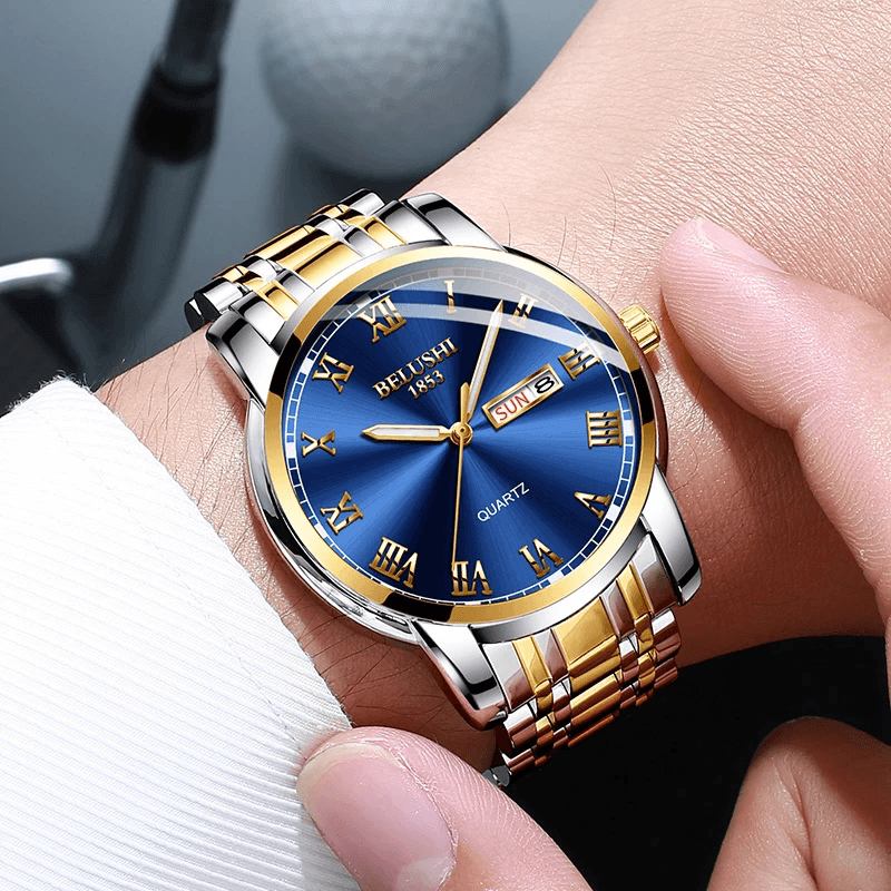 Helt Stålband Business Style Calendar Quartz Watch Vattentät Lysande Display Herrklocka