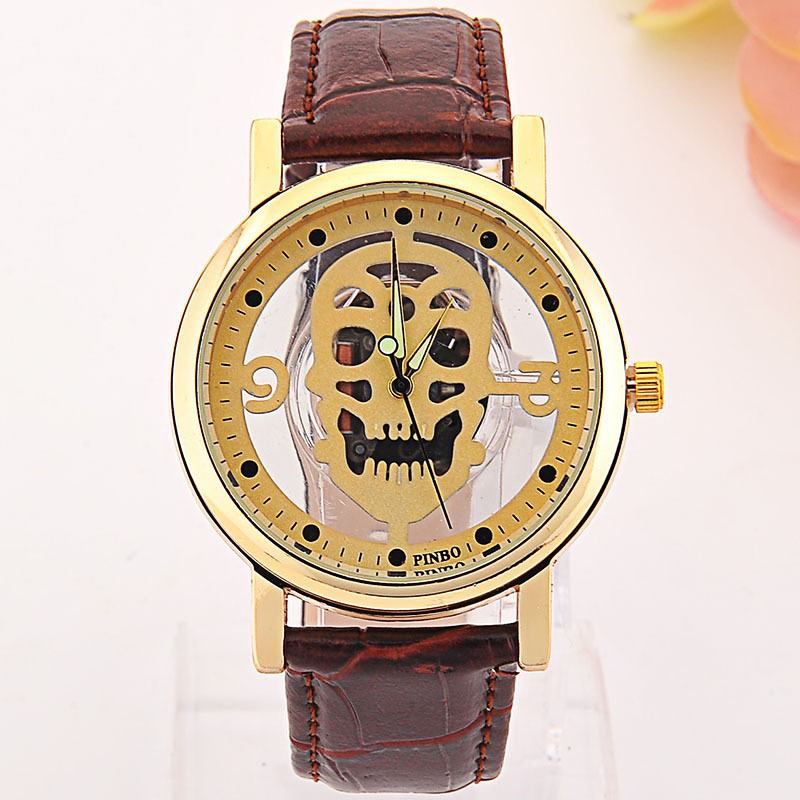 Hollow-out Skull Real Belt Quartz Watch Mode Dubbelsidig Vintage Herr Damklocka