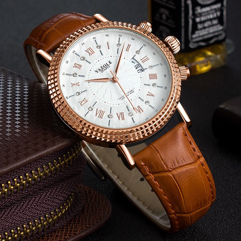 Läderrem Romerska Siffror Crystal Dial Mode Män Vattentät Quartz Watch