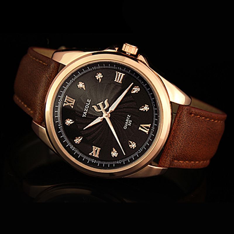 Män Kristall Rose Guld Fodral Läder Band Lysande Display Quartz Watch