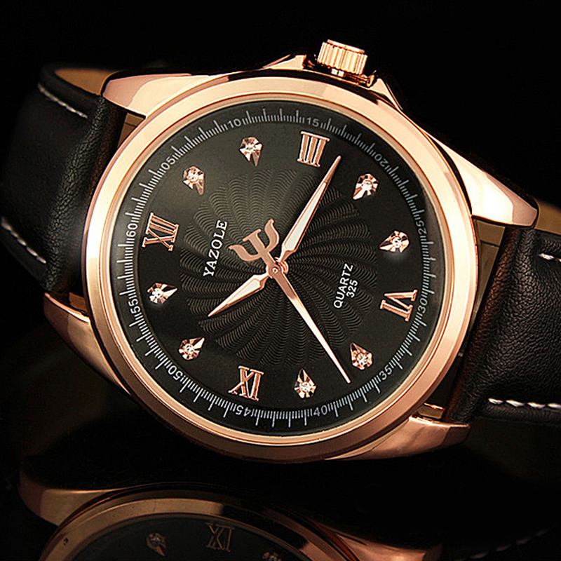 Män Kristall Rose Guld Fodral Läder Band Lysande Display Quartz Watch