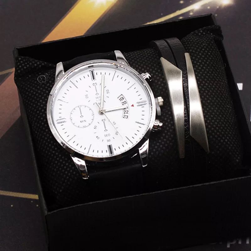 Mode Business Herrklocka Armbandsset 2st Kalenderklockfodral Läderband Herr Quartz Watch