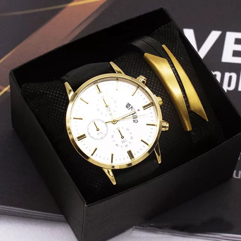 Mode Business Herrklocka Armbandsset 2st Kalenderklockfodral Läderband Herr Quartz Watch