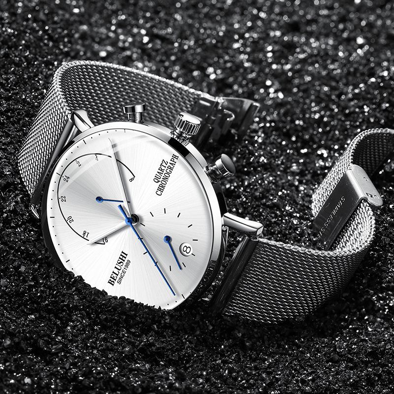 Mode Business Luminous Pointer Med Calendar Chronograph Dial Vattentät Män Kvartsklocka